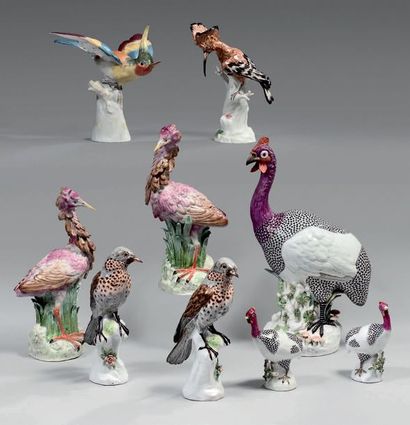 null Neuf statuettes d'oiseaux en porcelaine polychrome: huppe, pintades, grives...