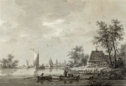 Nicolaas WICART (1762-1834) Paysage fluvial animé de bateaux
Deux plumes et lavis...