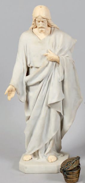 null Statuette en marbre blanc avec tête, mains et pieds en ivoire figurant un Christ...