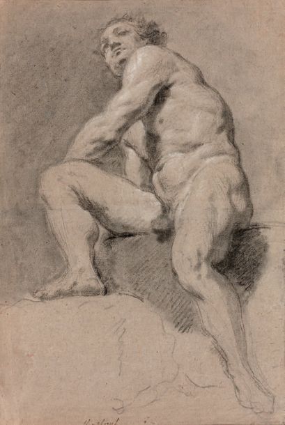 Jean RESTOUT (1692-1768) 
Académie d'homme assis de face sur un bloc, la jambe droite...