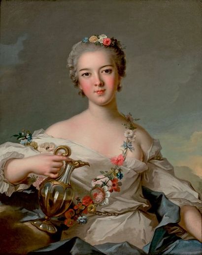 Atelier de Jean-Marc NATTIER (1685-1766) 
Portrait de jeune femme en Hébé
Huile sur...