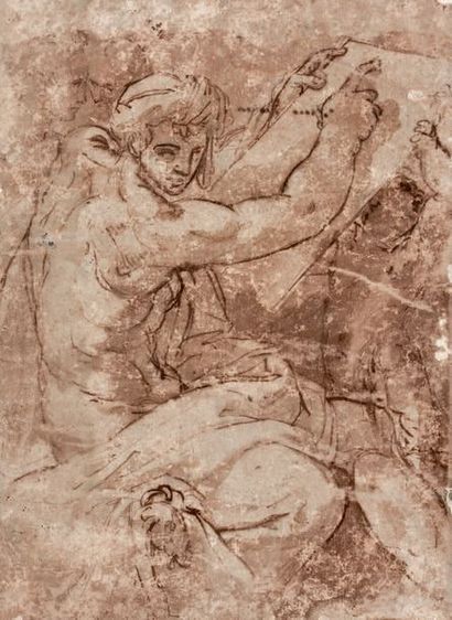 ÉCOLE ITALIENNE de la fin du XVIe siècle 
Homme écrivant
Plume, lavis.
(Mauvais état).
26...