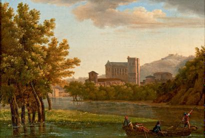 Attribué à Alexandre DUNOUY (1757-1841) 
Paysage idéal, animé de personnages, à gauche...