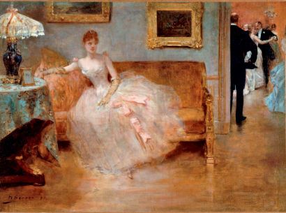 Henri GERVEX (1852-1929) 
Ballerine assise dans un canapé se chaussant
Huile sur...