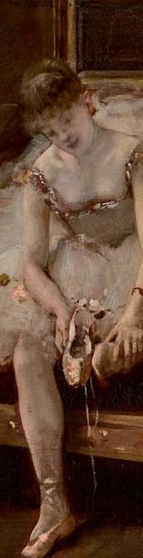 Henri GERVEX (1852-1929) 
Ballerine assise dans un canapé se chaussant
Huile sur...