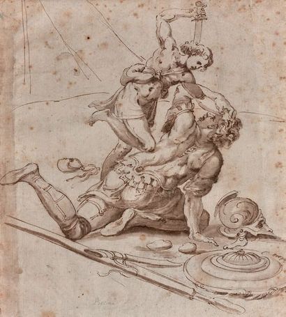 ÉCOLE ITALIENNE du XVI-XVIIe siècle 
David et Goliath
Plume, lavis.
22,5 x 20,2 ...