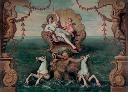 ÉCOLE FLAMANDE du début du XVIIe siècle 
Vénus sur son char sortant des eaux ou le...