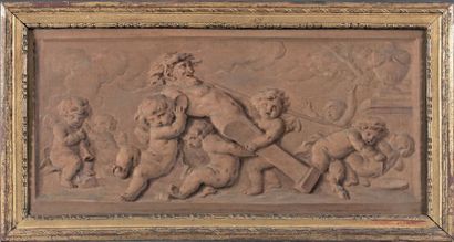 Piat Joseph SAUVAGE (1744-1818) 
Amours soutenant un buste de satyre
Huile sur toile,...