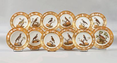PARIS Ensemble de vingt-six assiettes en porcelaine dure, décor polychrome ornithologique...