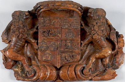 null Grand panneau sculpté d'armoiries accostées de lions en bois résineux.
Espagne...