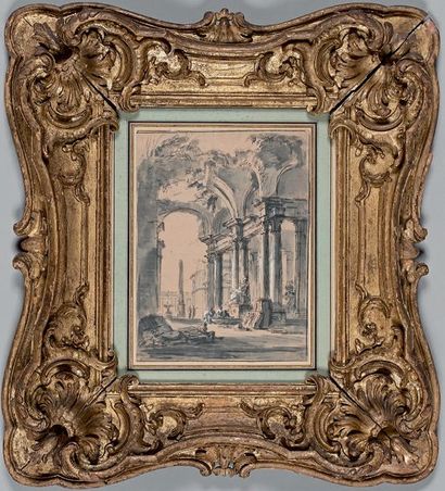 Attribué à Jean-Baptiste LALLEMAND (1716-803) Caprice architectural
Plume, encre...