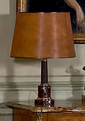 null Paire de lampes carcel en tôle laquée rouge et bronze en forme de colonnes cannelées.
XIXe...