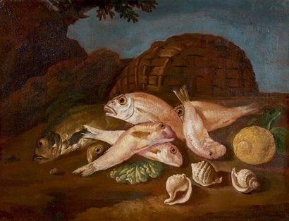 Ecole Italienne du XVIIIe siècle Nature morte, poissons et crustacés
Huile sur toile,...
