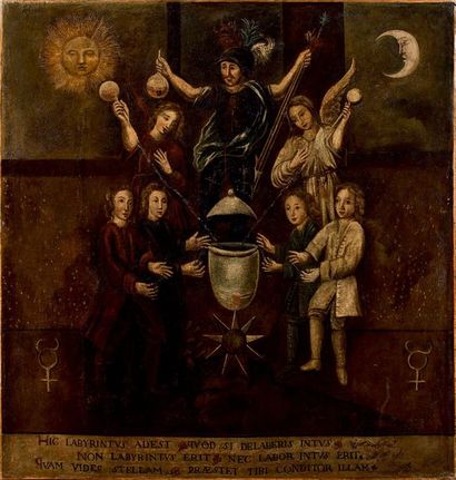 ECOLE DU XVIIe SIÈCLE Le grand oeuvre selon le système symbolique des Alchimistes
Huile...