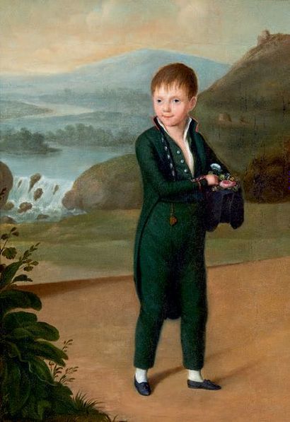 École FRANÇAISE du début du XIXe siècle Portrait de jeune garçon tenant des fleurs...