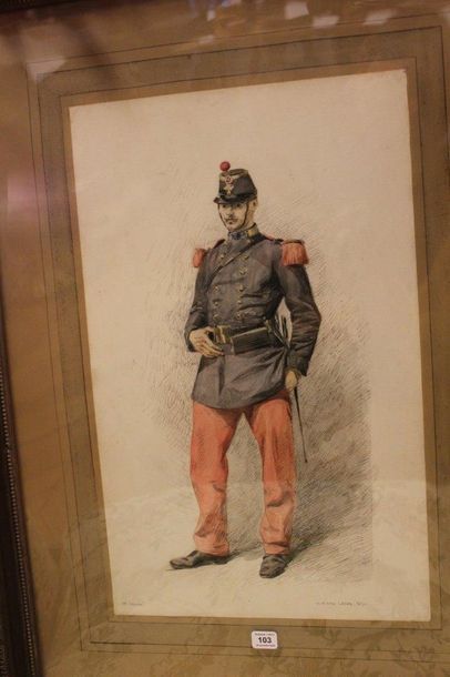 Henri Victor LESUR (1863-1900) Fantassin du 39e de ligne, tenue de service
Dessin...