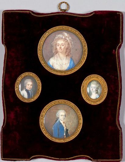 École FRANÇAISE du XVIIIe siècle Ensemble de quatre miniatures sur un même montage...