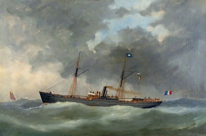 École du XIXe siècle Vapeur par grosse mer
Huile sur toile, porte une signature «Ed...