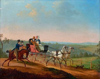 ÉCOLE FRANÇAISE du XIXe siècle, d'après SWEBACH Calèche et deux cavaliers
Huile sur...