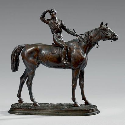 Jules Moigniez (1835-1894) Avant la course: cheval de course monté par son jockey...