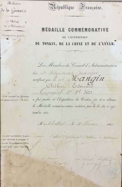 null Légion étrangère, brevet pour la médaille du Tonkin 1883-1885, attribué au caporal...