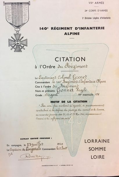 null Citation à l'ordre du 140e régiment d'infanterie alpine, du sergent Virgile...