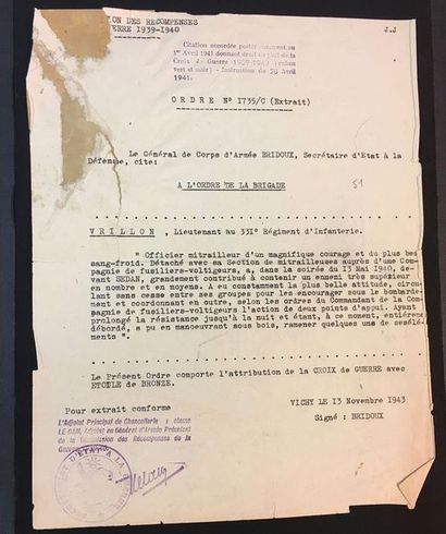 null Citation pour la Croix de guerre 1939- 1940, extrait conforme de la citation...