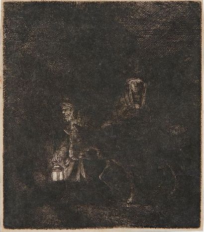 Rembrandt La Fuite en Egypte, effet de nuit, 1651, eau-forte, 12,7 x 11 cm, filet...