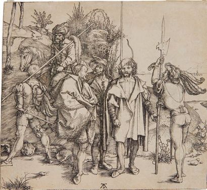 Albrecht DÜRER Les Cinq lansquenets et l'oriental à cheval, 1495, burin, 13,3 x 14,6...