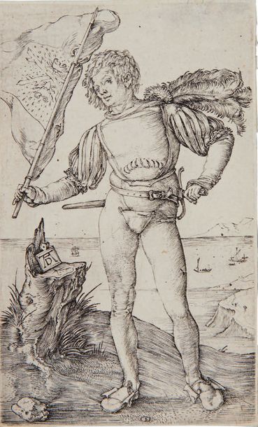 Albrecht DÜRER Le Porte-étendard, 1502, burin, 11,6 x 7 cm, filet de marge (Meder...