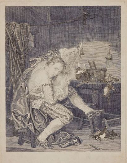 D'après Jean-Baptiste GREUZE Le Donneur de sérénade, eau-forte par P.-E. Moitte,...