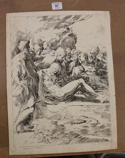 Parmigianino La Mise au tombeau, eau-forte, 30 x 23,5 cm, coupé à la composition...
