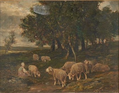 École du XIXe siècle Bergère et ses moutons
Huile sur toile.
21,5 x 27 cm