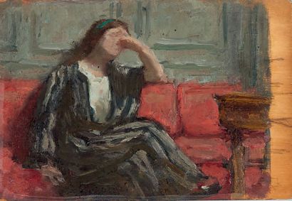 René Xavier PRINET (1861-1946) Femme assise au canapé rouge - Nu au drap, Paris,...