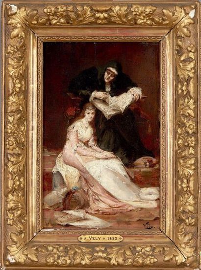 Anatole VELY (1838-1882) L'éveil du coeur
Huile sur panneau, signée en bas à droite.
(Restaurations).
33...