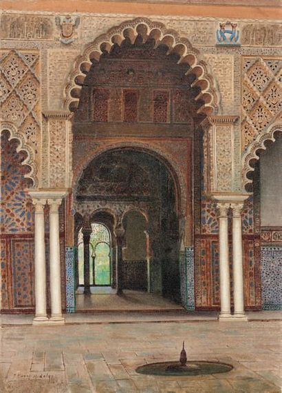 D'après Fernando LIGER HIDALGO Séville, Patio de l'Alhambra
Huile sur toile, porte...