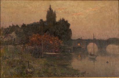René BILLOTTE (1846-1914) Paris, bateaux au soir couchant
Huile sur toile, signée...