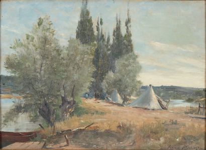 René BILLOTTE (1846-1914) Route de la Grenouillère, les tentes
Huile sur panneau,...