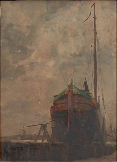 René BILLOTTE (1846-1914) Dordrecht, bateau en réparation
Huile sur panneau, signée...