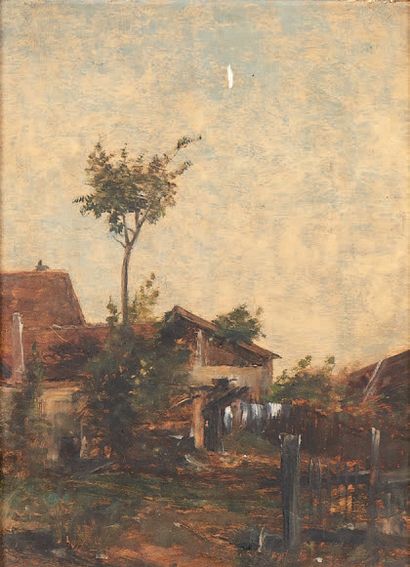 René BILLOTTE (1846-1914) La barrière
Huile sur panneau.
(Accidents).
24,5 x 18,5...