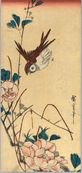Utagawa Hiroshige (1797-1858) Chu-tanzaku tate-e, moineau et rose sauvage.
Signé...