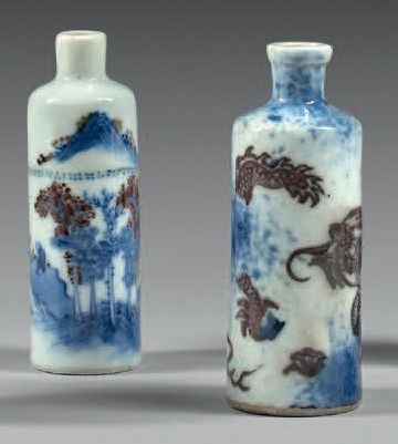 CHINE - Début du XIXe/XXe siècle Deux flacons en porcelaine tronconiques, deux émaillés...
