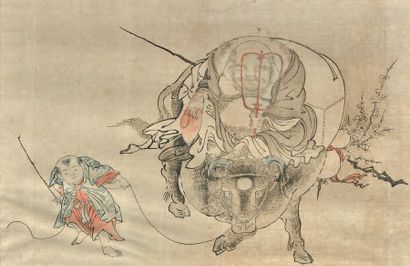 null Deux estampes, l'une représentant Hotei assis sur un buffle, l'autre par Kuniyoshi,...