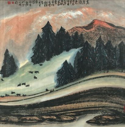 Jiang Zhixin (né en 1949) Encre et couleurs sur papier, représentant paysage montagneux...