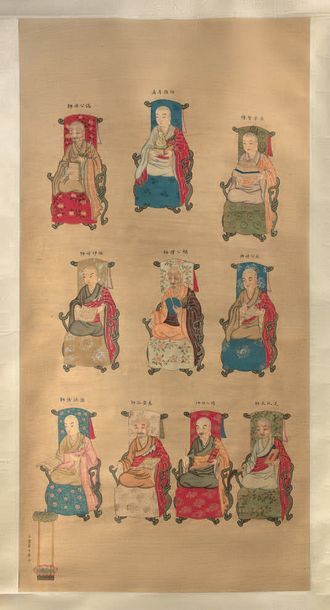 CHINE - XIXe siècle Peinture à l'encre et couleur sur papier, représentant dix divinités...