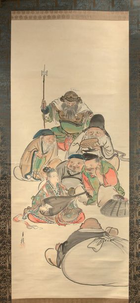 JAPON - XXe siècle Encre sur soie, les sept dieux du bonheur.
Signé Gekko.
132 x...