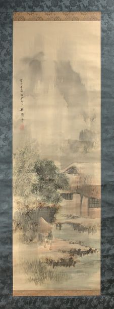 JAPON - Epoque MEIJI (1868-1912) Trois encres, l'une sur soie, paysan dans un paysage,...