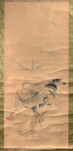 JAPON - Epoque MEIJI (1868-1912) Encre et couleurs sur papier, représentant un coq...