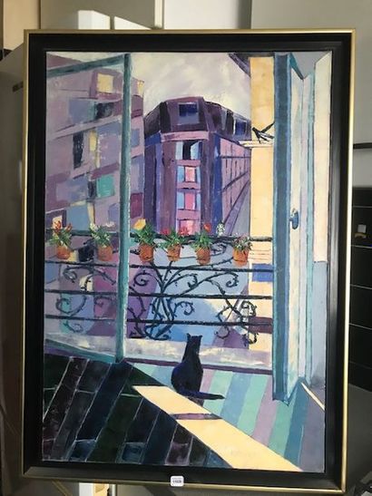 AUCUN ORDRE D'ACHAT Michèle RYMARZ :- "Le chat au balcon", huile sur toile signée.

-...