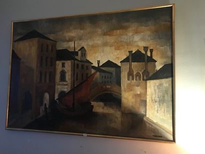 AUCUN ORDRE D'ACHAT Eliane THIOLLIER, "Venise", huile sur toile signée.